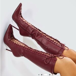 Elegant Burgundy Lace-Up Knee-High Boots